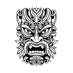 Tribal tiki mask with intricate patterns and cannabis leaves