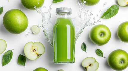 Fresh green apple juice with whole and sliced apples on a bright white background showcasing...