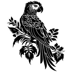 Elegant parrot silhouette perched on tropical branches with detailed feathers