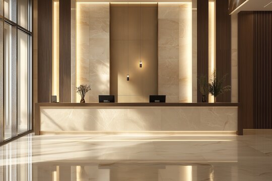 A modern, luxury, and beautiful registration counter or lobby front desk area interior design