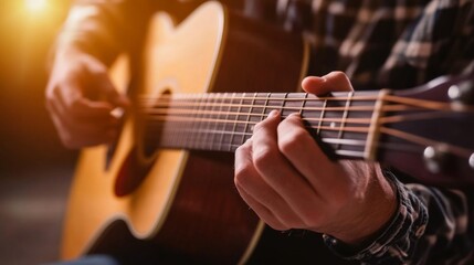 Fototapeta premium Hands Playing Acoustic Guitar Close Up in Warm Light with a Plaid Shirt
