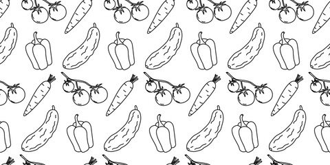 Fototapeta premium Colorful vegetable pattern design featuring cucumbers, carrots, bell peppers, and tomatoes