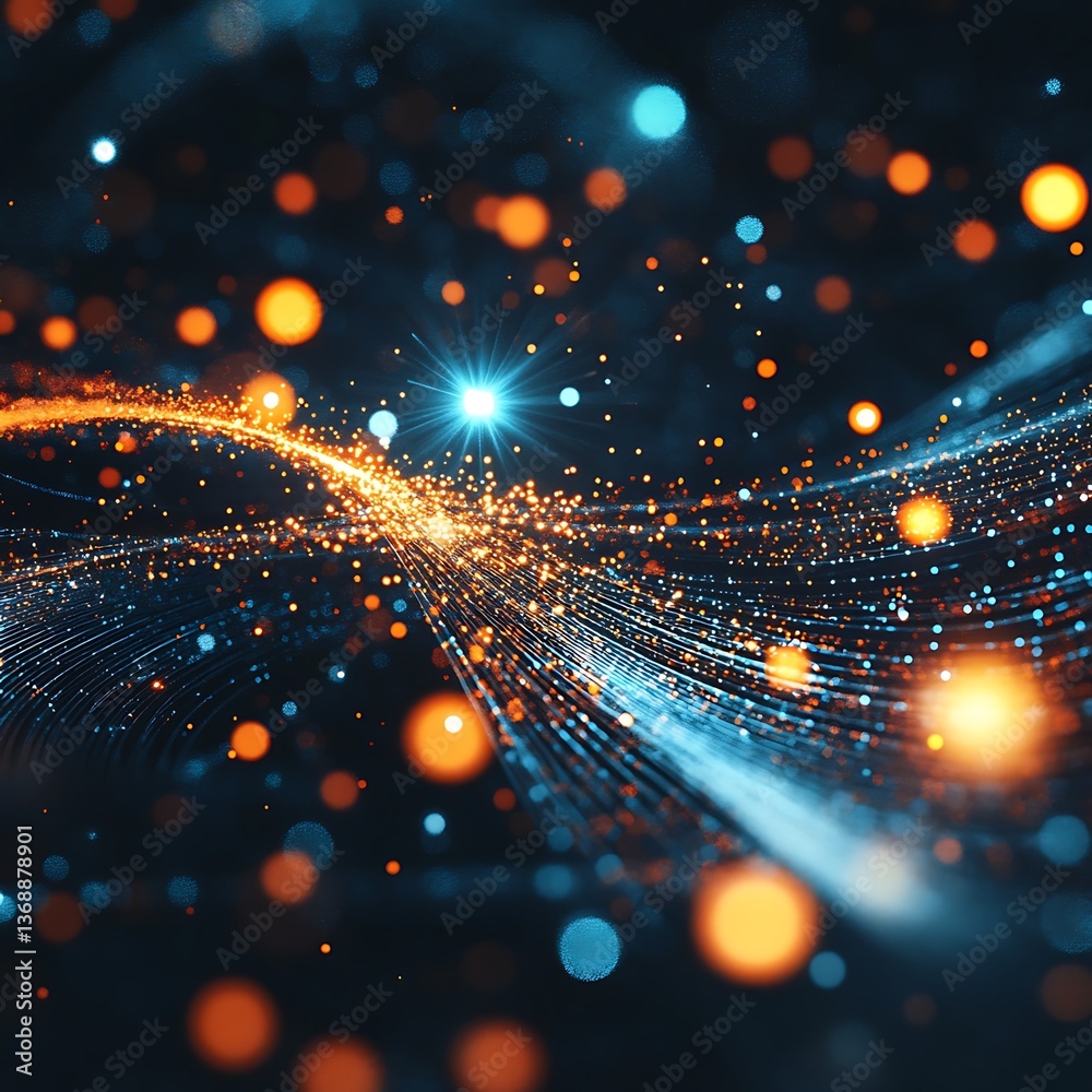 Poster abstract digital artwork of swirling particles and light trails. a dynamic display of interconnected