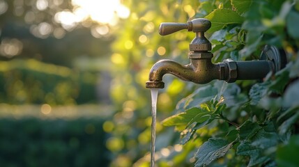 An outdoor faucet with a motion sensor allows for easy water access while preventing waste, surrounded by lush greenery in a bright, natural setting