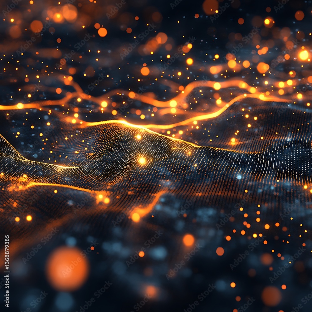 Poster abstract digital wave pattern with glowing particles. dynamic interplay of light, dark, and luminous