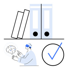 Person using augmented reality headset interacting with virtual brain hologram, files organized on shelf, large checkmark for completion. Ideal for education, technology, research, AI, innovation