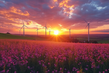 Obraz premium A vibrant sunset illuminates a field of blooming wildflowers, casting a warm glow upon a landscape dotted with wind turbines.