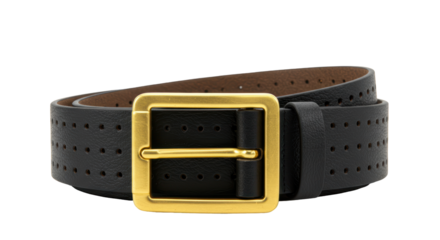 Isolated Black Leather Belt with Gold Buckle and Perforated Detail