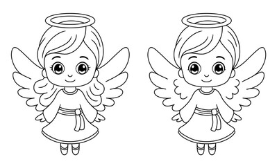 Cute Cartoon Chibi Style Boy and Girl Angel Outline Clipart with Wings and Halo