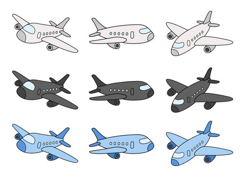 Cartoon Airplane Travel Clipart Set - Including White, Black and Blue Planes
