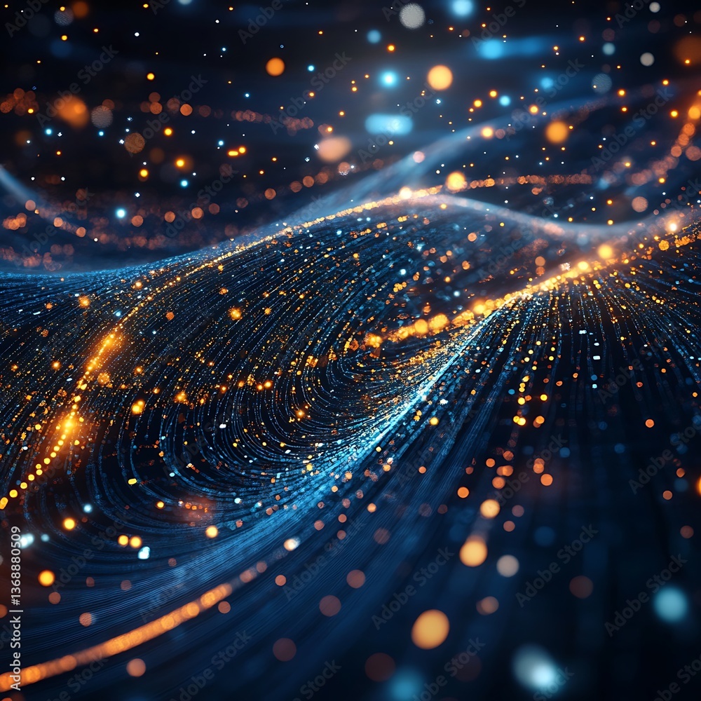 Poster abstract digital wave pattern. dynamic glowing particles flowing in wavy lines against a dark backgr