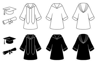 Graduation Robe Gown Clipart Set with Mortarboard Cap Hat and Diploma Certificate - Outline and Silhouettes