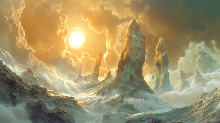 A surreal landscape with iridescent rock formations, backlit by a bright sun and wispy clouds, creating a dreamlike and fantastical ambiance, a unique artistic vision. Shadowy Gleam. Illustration