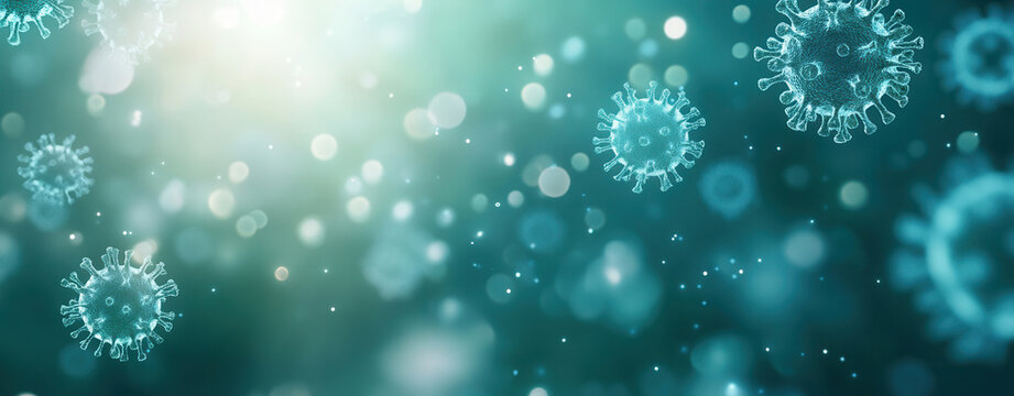 Glowing bacteria and viral particles floating in the air in a vibrant blue and green color palette for a medical concept
