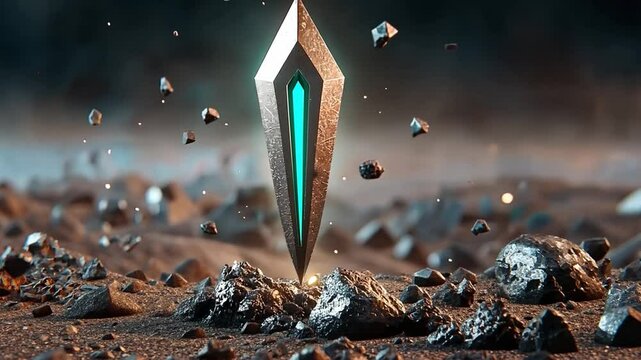 Glowing Obsidian Crystal Point Surrounded by Dust and Debris in a Mysterious Landscape