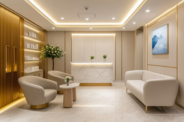 Elegant beauty clinic waiting area with comfortable seating, modern decor, inviting and luxurious ambiance.