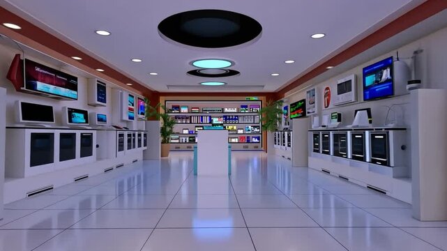 Modern Electronics Showroom Interior with Bright Lighting and Various Gadgets Displayed on Shelves