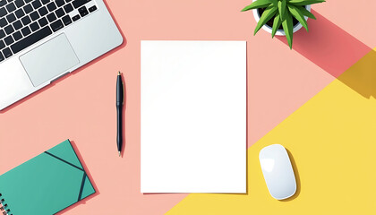 Minimalist workspace with laptop and stationery on colorful desk