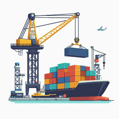 A large crane is lifting a container ship