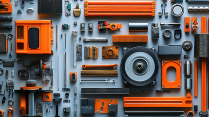 Fototapeta premium A meticulously arranged collection of disassembled computer components, rendered in vibrant orange and gray, creates a surreal, abstract landscape.