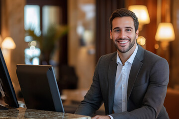 Happy receptionists cooperating while working on computer at hotel front desk