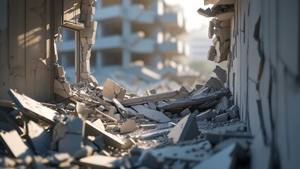 Collapsed Building, Rubble, Broken Walls, Earthquake Aftermath, Structural Failure, Cinematic Depth

