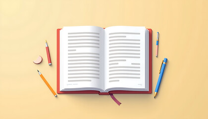 Open book with stationery on pastel background