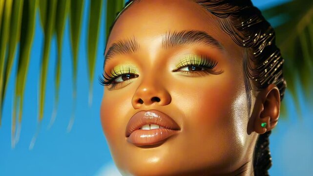 Fashion African woman model posing under palm tree leaves with colorful makeup