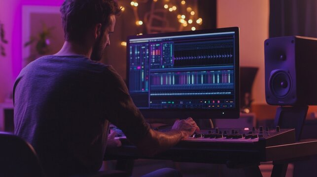 Man in Gray Shirt Composing Music with Keyboard and Software in Purple Lit Room
