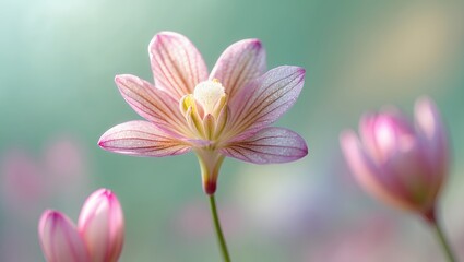 Macro shot of delicate pink flower with sunlight, soft focus background
