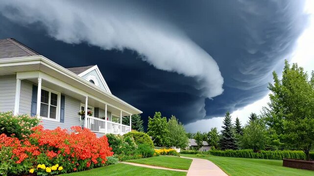 Ominous shelf cloud rolling over a suburban house
