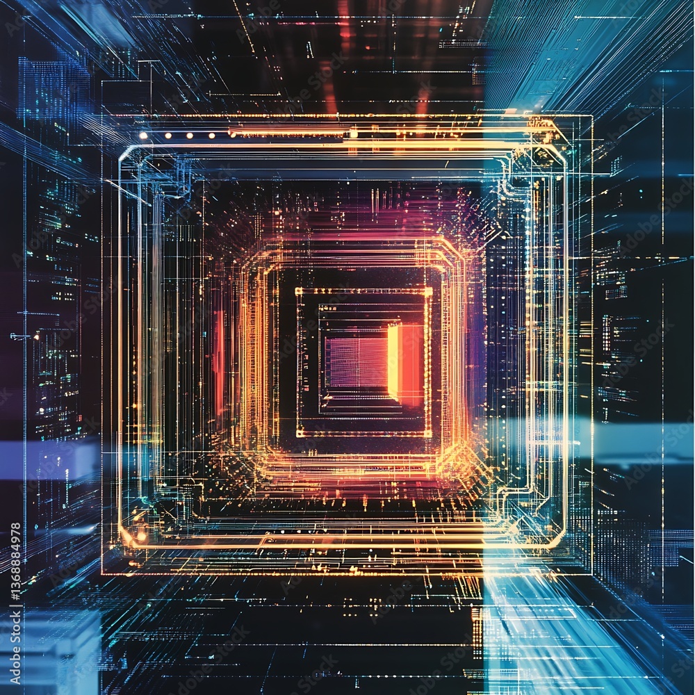 Poster abstract digital illustration of a complex computer processor. intricate network of glowing lines an