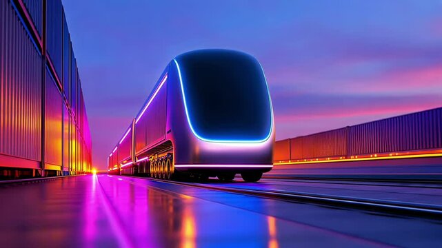 Autonomous electric neon color train moving through an intermodal terminal at sunset