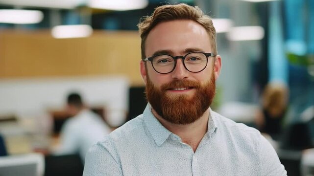 Portrait young man team leader with smiling face posing in office confident business executive ceo looking at camera startup founder training work startup success successful beard close up slow motion