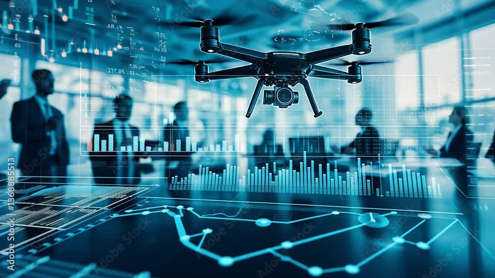 Poster drone analyzes financial data in modern office environment generative ai