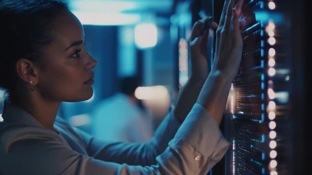 Professional female engineer in database learning technology inspecting server supercomputer at cyberspace coworking in team inside data center. Close-up.