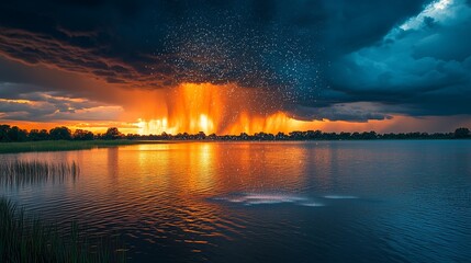 Fototapeta premium Intense Hailstorm Pelting a Calm Lake, Splashes Visible