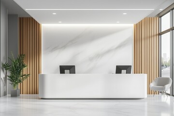 Luxury and minimalist hospital reception counter area in white and wood style with counter