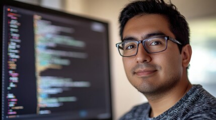 Man with Glasses Works with Software Code on Computer Screen Indoors