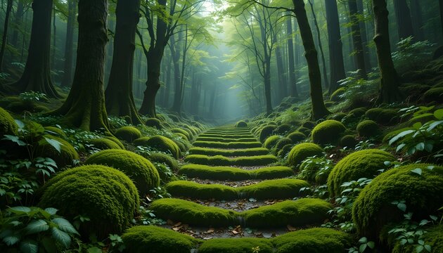 Step into mesmerizing realm of a verdant forest floor, adorned with velvety blankets of moss that beckon you to embark on a captivating journey of awe and fascination