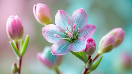 Obraz premium Pastel flower blossoms, pink petals, with blue-green hues and buds. Soft background