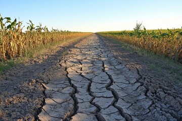 A dry, cracked earth pathway stretches through fields of corn and sunflowers under a clear summer sky, showcasing drought conditions Generative AI