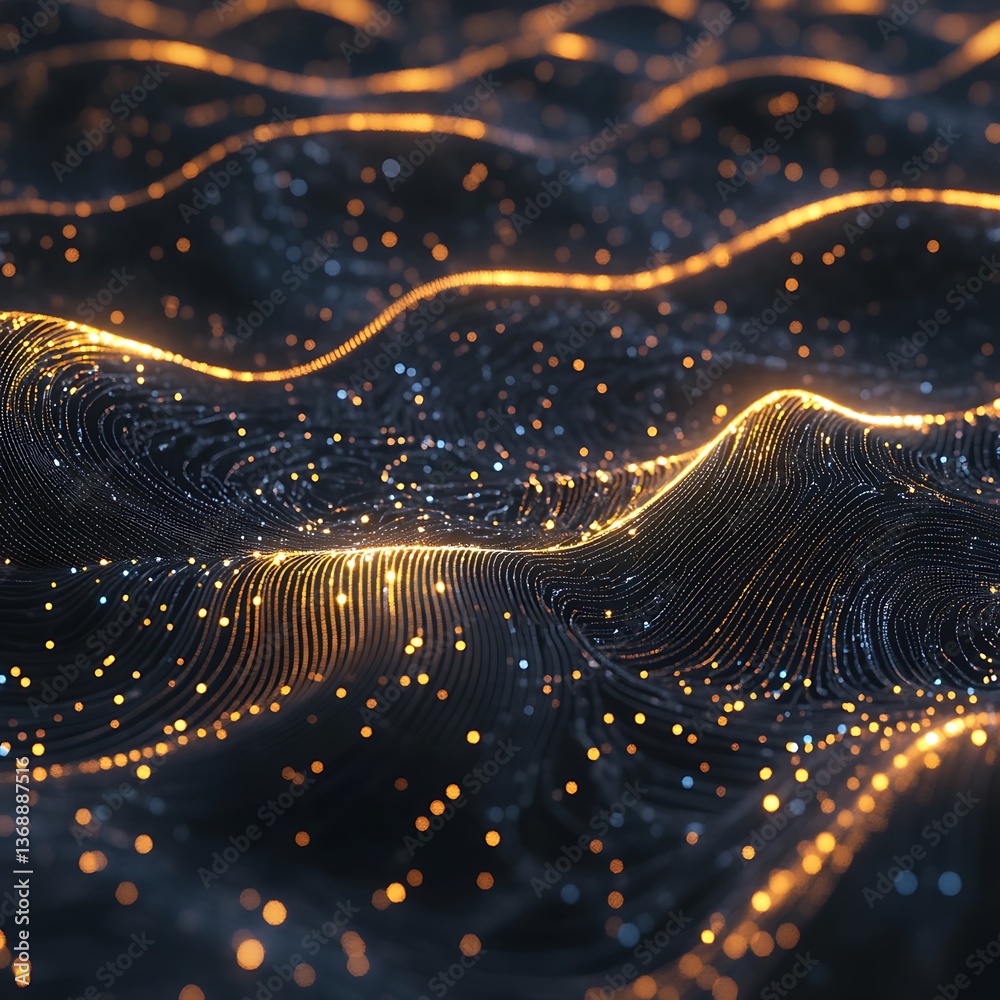 Poster abstract digital waves of energy and light. detailed patterns of glowing particles and lines create 