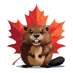 very angry beaver cartoon in front of large red maple leaf © Erkan