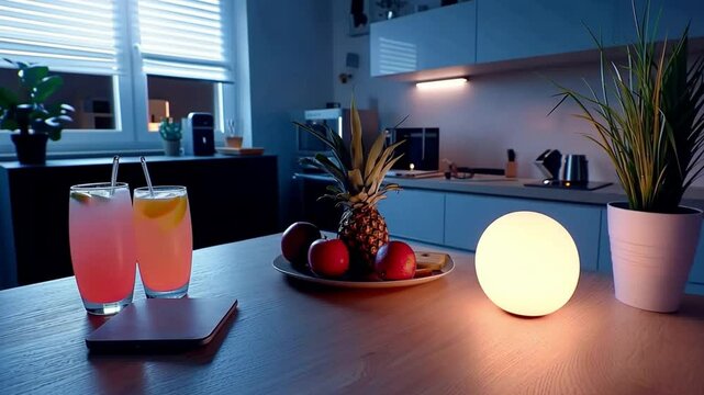 Elegant Evening Scene with Colorful Drinks, Fresh Fruits, and Modern Kitchen Ambiance