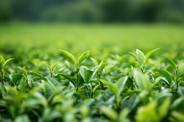 Fototapeta premium Lush green tea leaves are growing vibrantly in a sprawling field under the warm sun during the afternoon Generative AI