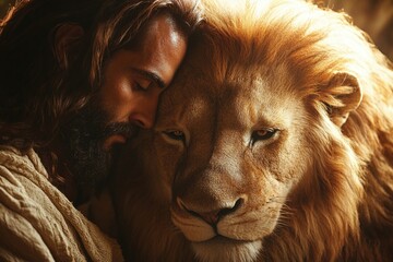 Naklejka premium Embracing the Majesty: A tender moment of connection as a man shares an intimate embrace with a majestic lion, captured in a close-up shot that speaks volumes.