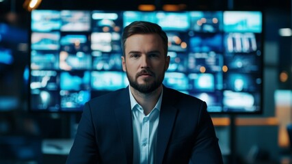 Fototapeta premium News Anchor in Dark Blue Suit Reporting News in Modern Television Studio