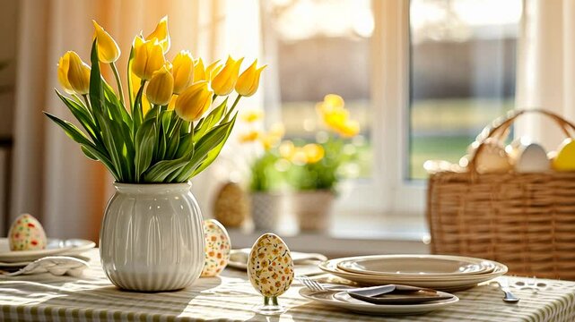 Easter themed table setting with vibrant flowers and pastel colors
