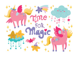 Childrens magics set with unicorns. Time for magic. Cute kids poster with cloud, stars and pink hors.